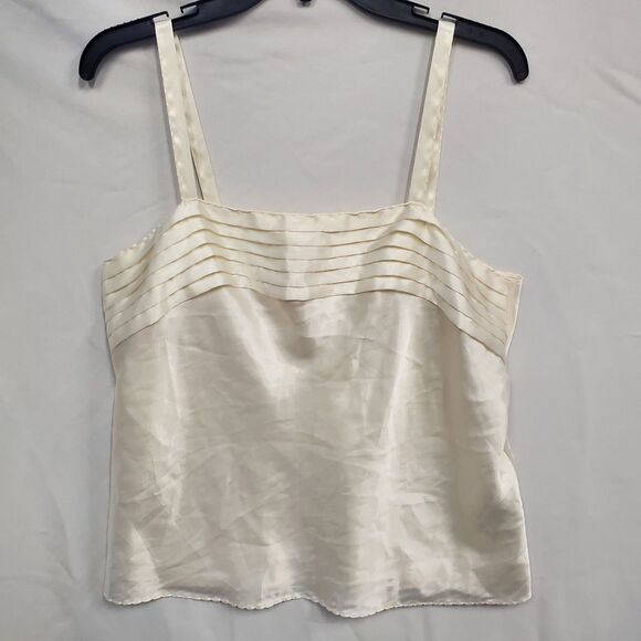 Escapade Tops - Vintage Ivory Satin Cami Pin Tuck Bust Scallop Hem Quiet Luxury/Minimalist L